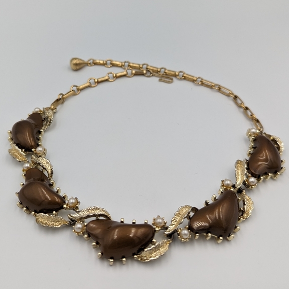 Coro Necklace Vintage Gold Tone Brown Cabochons Faux Pearl Hook Clasp Signed - Picture 9 of 10